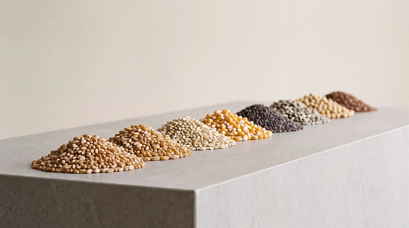 Céréales et oléagineux, huit tas de grains alignés