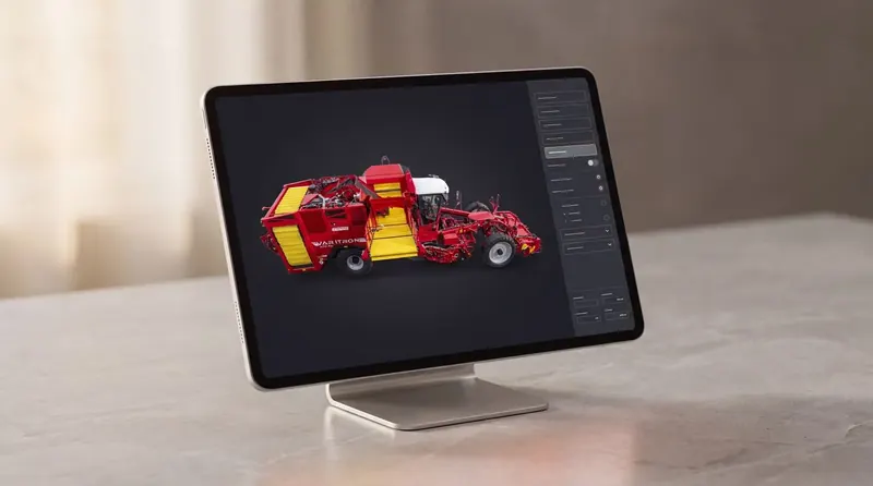 Tablette affichant un configurateur 3D de machine agricole