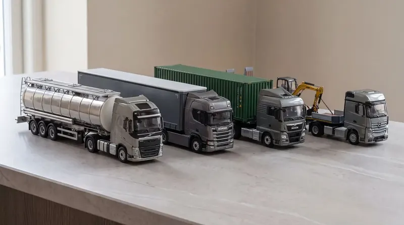 Modèles réduits de quatre ensembles routiers, citerne, bâchée, porte-conteneur et porte-engins