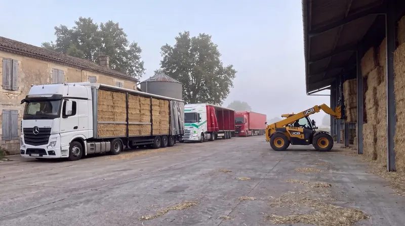 Chargement de paille en cour de ferme à l'aube