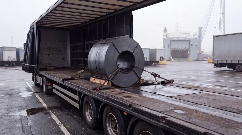 Bobine d'acier sur semi-remorque à fosse
